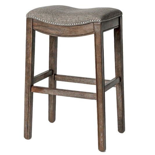 Maven Lane Adrien Backless Saddle Kitchen Bar Stool in Walnut Finish w/ Grey Fabric Upholstery