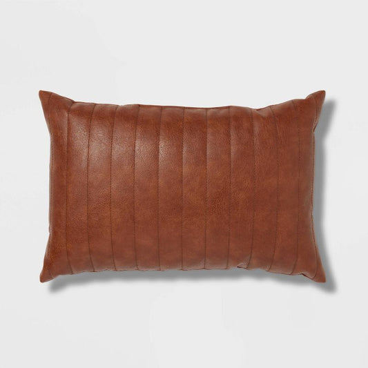 Oblong Faux Leather Channel Stitch Decorative Throw Pillow Cognac - Threshold