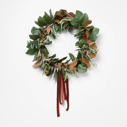 Xl Magnolia And Olive Artificial Wreath With Ribbon Brown - Threshold™ Designed With Studio Mcgee: Indoor Decor, Unlit, Polyester : Target