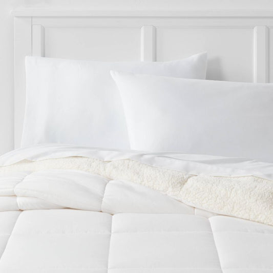 Twin/Twin Extra Long Faux Shearling Washed Microfiber Reversible Comforter White - Room Essentials