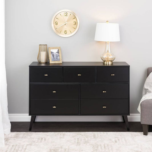 Milo Mid-century Modern 7 Drawers Dresser Black - Prepac: Sleek Storage, Metal Glides, Brass Knobs, Wood Legs : Target