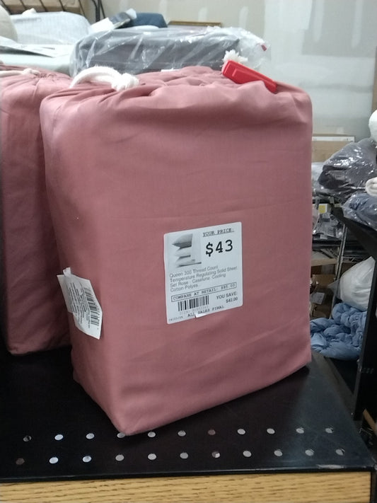 Queen 300 Thread Count Temperature Regulating Solid Sheet Set Rose - Casaluna: Cooling Cotton-Polyester Blend, Satin Weave, OEKO-TEX Certified
